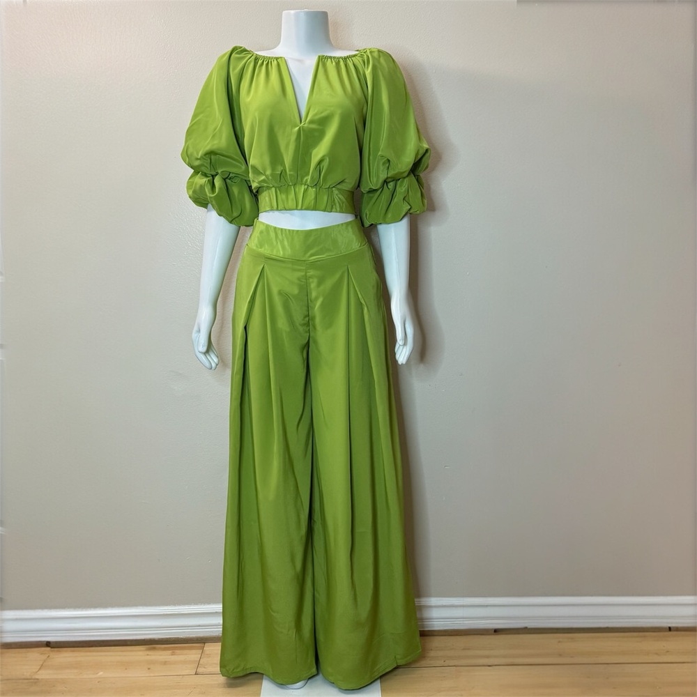 Chic Lime Green Puff Sleeve Jumpsuit